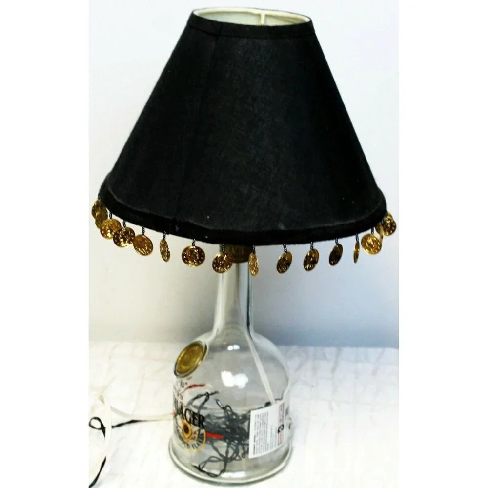 Goldschlager Table Lamp Clear Bottle Black Shade Coin Fringe Handmade Rice Light